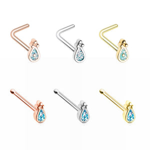 Rose Gold, Gold, Silver Glamourous Sparkling Teardrop L-Shape, Stud Nose Ring-WildKlass Jewelry