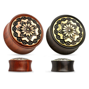 Floral Tribal Pattern Ebony & Rose Gold Wood Double Flare Saddle Fit Plug-WildKlass Jewelry