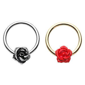 Golden Red & Silver Rose Petal Steel Captive Bead Ring-WildKlass Jewelry