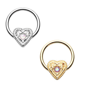 Gold & Silver Ornate Opal Heart Steel Captive Bead Ring-WildKlass Jewelry