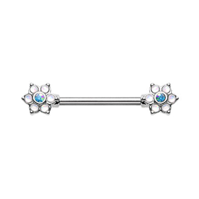 Silver & Gold Opal Twinkle Starburst Ornate Nipple Barbell Ring-WildKlass Jewelry