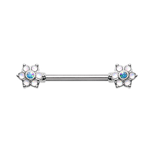 Silver & Gold Opal Twinkle Starburst Ornate Nipple Barbell Ring-WildKlass Jewelry