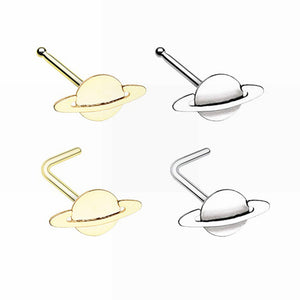 Silver, Gold Saturn Planet L-Shape, Stud Nose Ring-WildKlass Jewelry