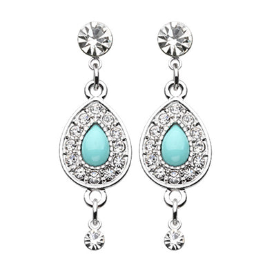 Gold, Silver CZ Dangle Avice Turquoise Multi-Gem Ear Stud Earrings-WildKlass Jewelry