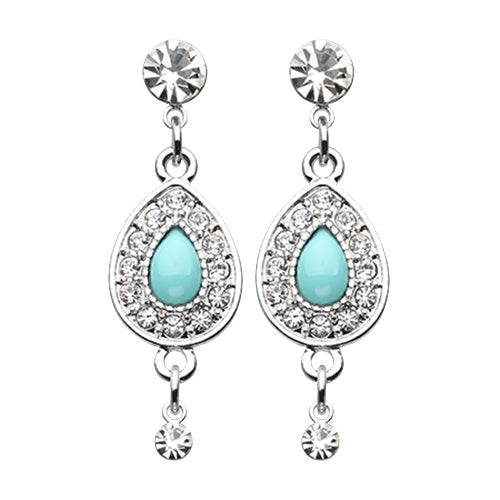 Gold, Silver CZ Dangle Avice Turquoise Multi-Gem Ear Stud Earrings-WildKlass Jewelry