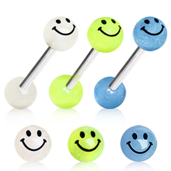 316L Surgical Steel Barbell with Glow in the Dark Smiley Face Balls-WildKlass Jewelry