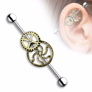 Burnish Gold Steampunk Centered 316L Surgical Steel Industrial WildKlass Barbells (Sold by Piece)-WildKlass Jewelry