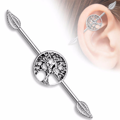 Burnish Silver Life Tree Centered 316L Surgical Steel Industrial WildKlass Barbells Leaf Ends (Sold by Piece)-WildKlass Jewelry