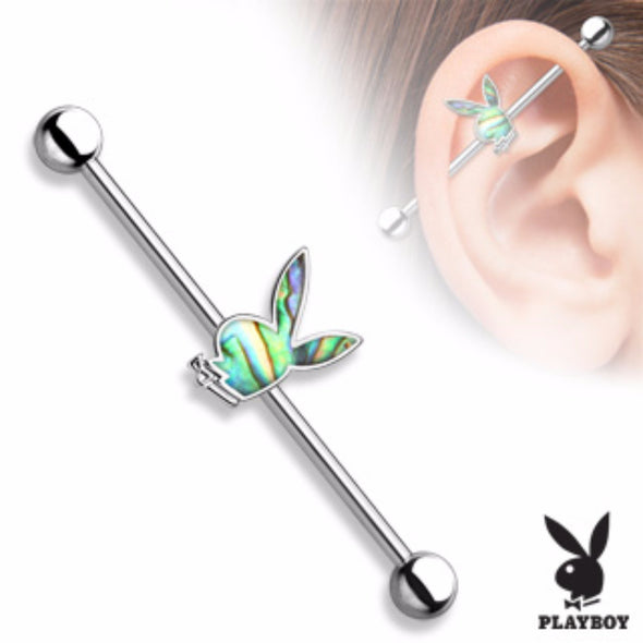Abalone Inlaid Playboy Bunny Centered 316L Surgical Steel Industrial WildKlass Barbells-WildKlass Jewelry