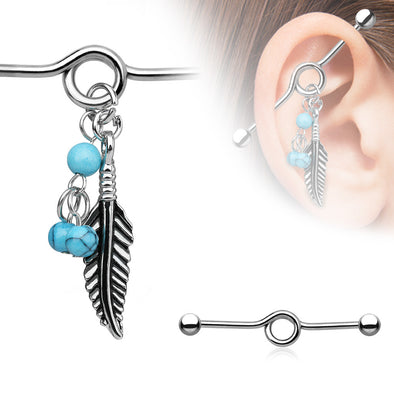 316L Surgical Steel Industrial WildKlass BarbellTurquoise Beads and Tribal Feather Dangle (Sold by Piece)-WildKlass Jewelry