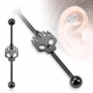 Flaming Skull Black IP Over 316L Surgical Steel Industrial WildKlass Barbell (Sold by Piece)-WildKlass Jewelry