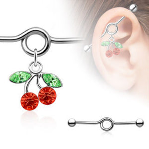 Red Gem Cherry Charm Dangle Industrial WildKlass Barbell (Sold by Piece)-WildKlass Jewelry