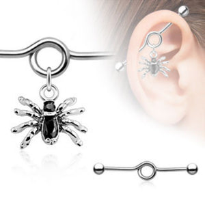 Black CZ Spider Charm Dangle Industrial WildKlass Barbell (Sold by Piece)-WildKlass Jewelry