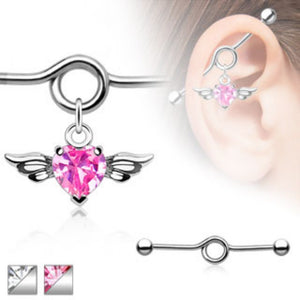 Heart CZ Angel Wing Charm Dangle Industrial WildKlass Barbell (Sold by Piece)-WildKlass Jewelry