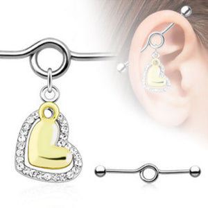Heart Paved Clear Gems Gold IP Charm Dangle Industrial WildKlass Barbell (Sold by Piece)-WildKlass Jewelry