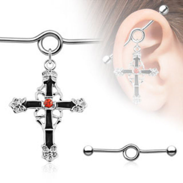 Gothic Cross with Red Gem Center Charm Dangle Industrial WildKlass Barbell (Sold by Piece)-WildKlass Jewelry