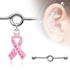 Gem Paved Pink Awareness Ribbon Charm Dangle Industrial WildKlass Barbell (Sold by Piece)-WildKlass Jewelry