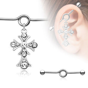 Vintage Cross Paved Gem Charm Dangle Industrial WildKlass Barbell (Sold by Piece)-WildKlass Jewelry