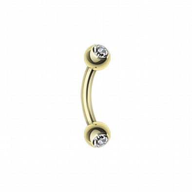 Gold Plated Double Gem Ball Curved Barbell Eyebrow Ring-WildKlass Jewelry