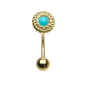 Golden Round Ornate Rope Turquoise WildKlass Curved Barbell Eyebrow Ring-WildKlass Jewelry