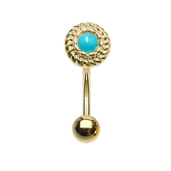 Golden Round Ornate Rope Turquoise WildKlass Curved Barbell Eyebrow Ring-WildKlass Jewelry