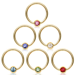 Gold Plated Over 316L Surgical Steel Captive Bead Ring with Gemmed Dimple Ball-WildKlass Jewelry