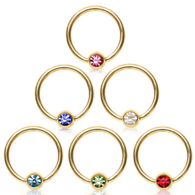 Gold Plated Over 316L Surgical Steel Captive Bead Ring with Gemmed Dimple Ball-WildKlass Jewelry