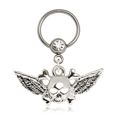 316L Surgical Steel Winged Skull and Crossbones Captive Bead Ring-WildKlass Jewelry