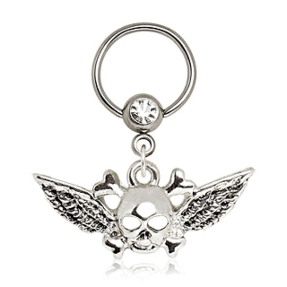 316L Surgical Steel Winged Skull and Crossbones Captive Bead Ring-WildKlass Jewelry