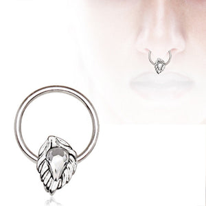 316L Stainless Steel Jeweled Leaf WildKlass Captive Bead Ring / Septum Ring-WildKlass Jewelry