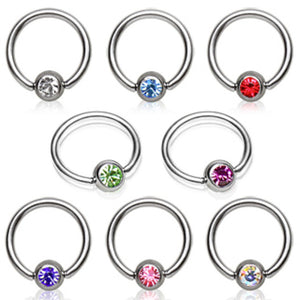 316L Surgical Steel Captive Bead Ring with Gemmed Dimple Ball-WildKlass Jewelry