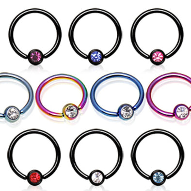 PVD Plated Captive Bead Ring with Gemmed Dimple Ball-WildKlass Jewelry