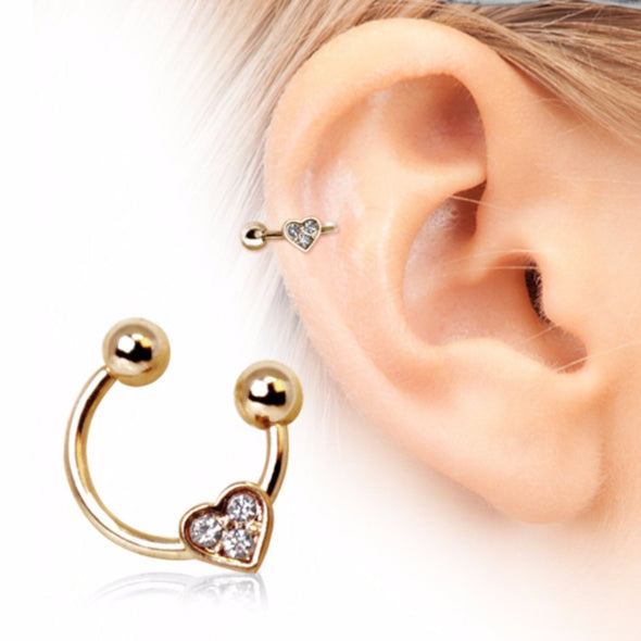 Gold Plated Horseshoe Cartilage Earring with Gemmed Heart-WildKlass Jewelry