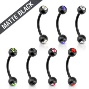 Matte Black IP with CZ 316L Surgical Steel WildKlass Eyebrow Curve WildKlass Barbell (Sold by Piece)-WildKlass Jewelry