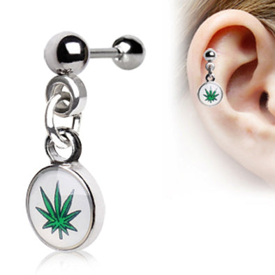 316L Surgical Steel Cartilage Earring with Dangling Pot Leaf Logo-WildKlass Jewelry