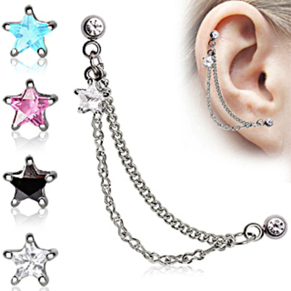Star 316L Surgical Steel Double Chained Cartilage Earring-WildKlass Jewelry