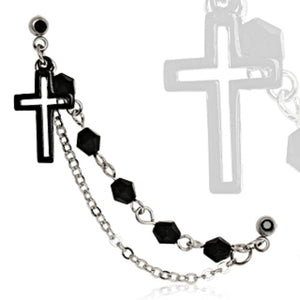 316L Surgical Steel Black IP Plated Chained Cross Cartilage Earring-WildKlass Jewelry