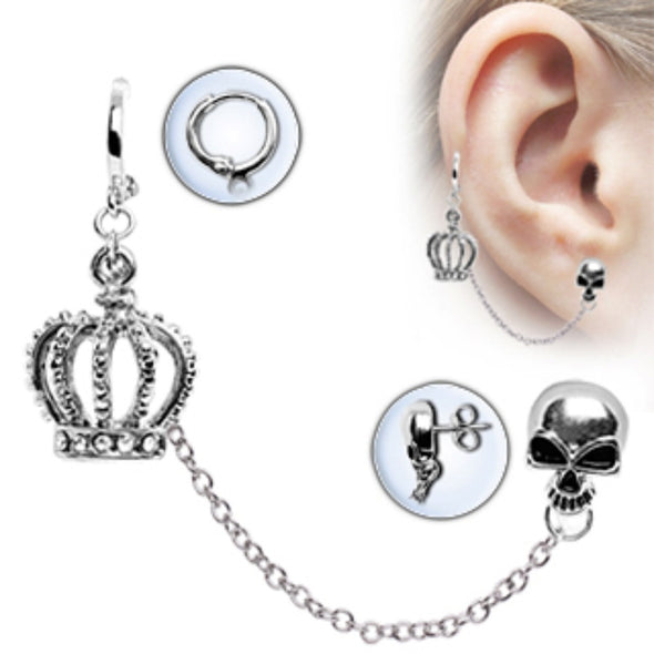 316L Surgical Steel Chained Crown & Skull Cartilage Earring-WildKlass Jewelry