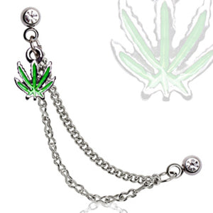 316L Surgical Steel Double Chained Cartilage Earring with Pot Leaf-WildKlass Jewelry
