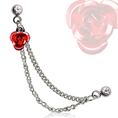 316L Surgical Steel Double Chained Cartilage Earring with Red Metal Rose-WildKlass Jewelry
