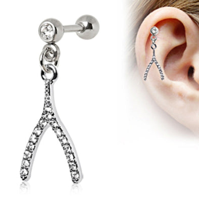 316L Surgical Steel Multi CZ Wishbone Dangle Cartilage Earring-WildKlass Jewelry