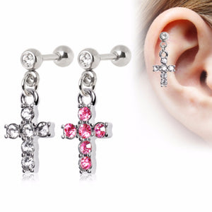 316L Surgical Steel Multi CZ Cross Dangle Cartilage Earring-WildKlass Jewelry