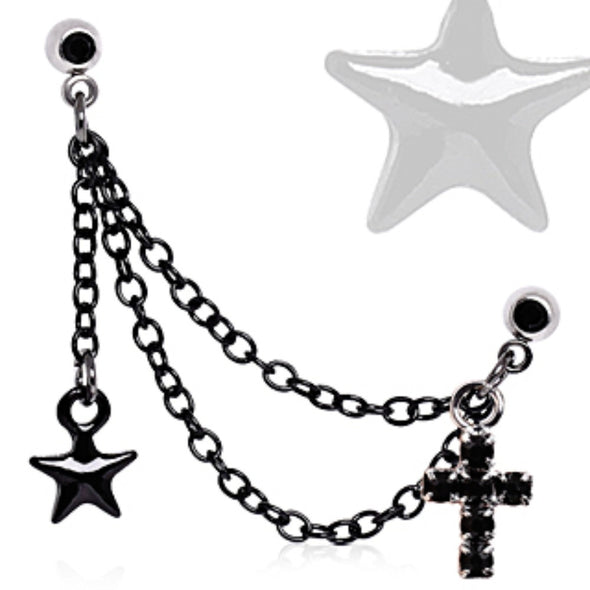 Black 316L Steel Double Chained Cartilage Earring with Black Star & Cross Dangles-WildKlass Jewelry