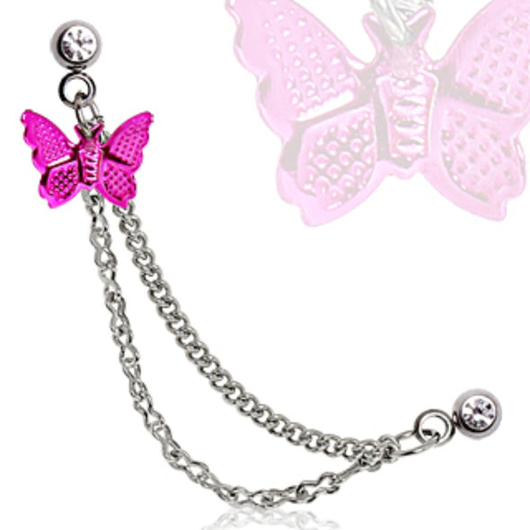 316L Surgical Steel Double Chained Cartilage Earring with Hot Pink Butterfly Dangle-WildKlass Jewelry