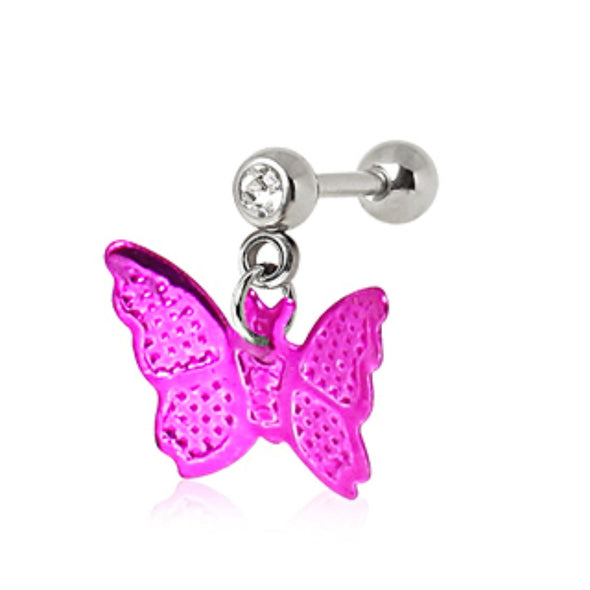 316L Surgical Steel Cartilage Earring with Hot Pink Butterfly Dangle-WildKlass Jewelry