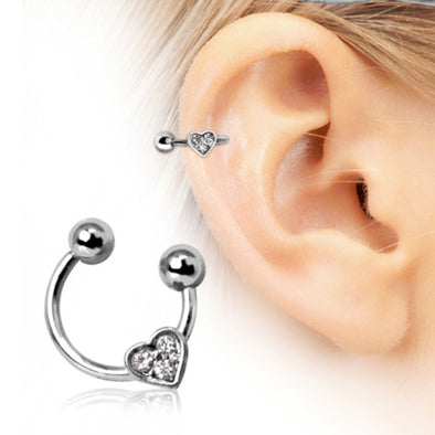 316L Surgical Steel Horseshoe Cartilage Earring with Gemmed Heart-WildKlass Jewelry