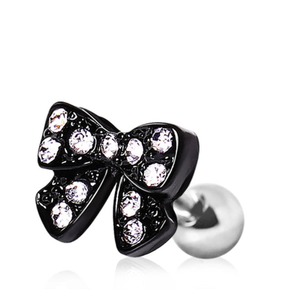316L Cartilage Earring with Black PVD Plated Gemmed Bow-WildKlass Jewelry