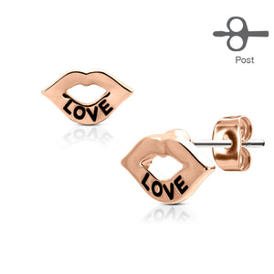 Pair of "Love" Engraved Lip 316L Surgical Steel Post WildKlass Earring Studs-WildKlass Jewelry