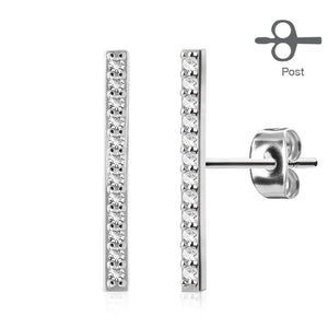 Pair of Micro CZ Paved Long Bar 316L Surgical Steel Post WildKlass Earring Studs-WildKlass Jewelry