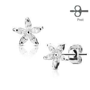 Pair of 5 Marquise CZ Petal Flower 316L Surgical Steel Post WildKlass Earring Studs-WildKlass Jewelry